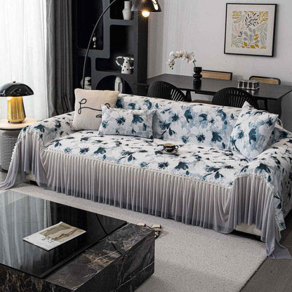 Ink Floral Sofa Cover with Skirt - Blue - 71" x 134" - image 7