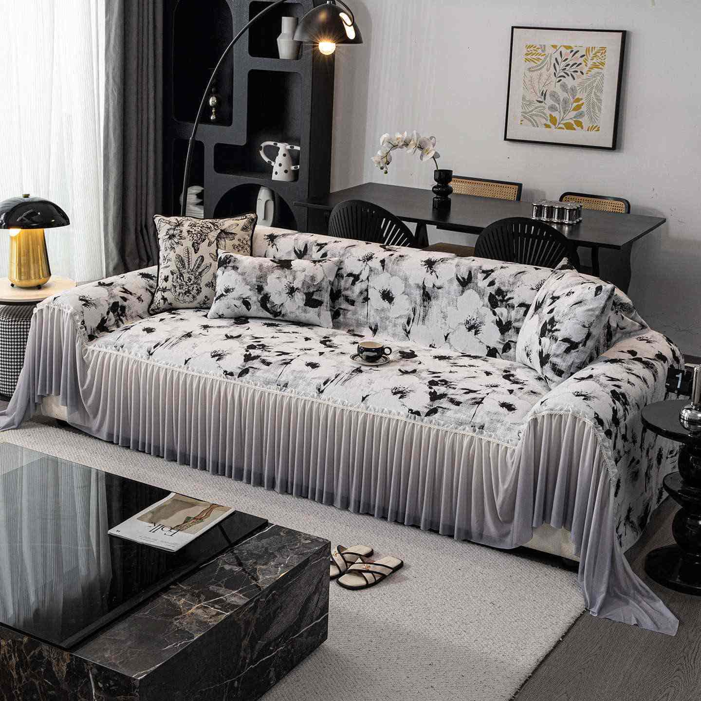 Ink Floral Sofa Cover with Skirt - Black - 71" x 134" - image 3