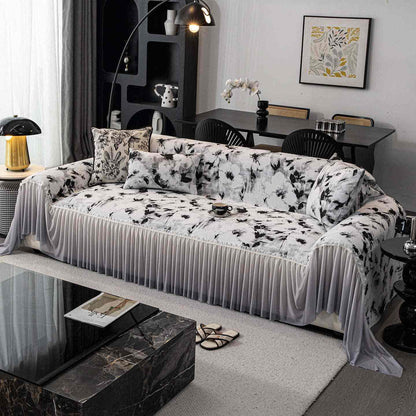 Ink Floral Sofa Cover with Skirt - Black - 71" x 134" - image 3