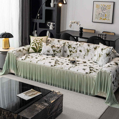 Ink Floral Sofa Cover with Skirt - Green - 71" x 134" - image 0