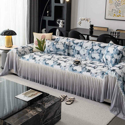 Ink Poppy Sofa Cover with Skirt - Blue - 71" x 134" - image 8