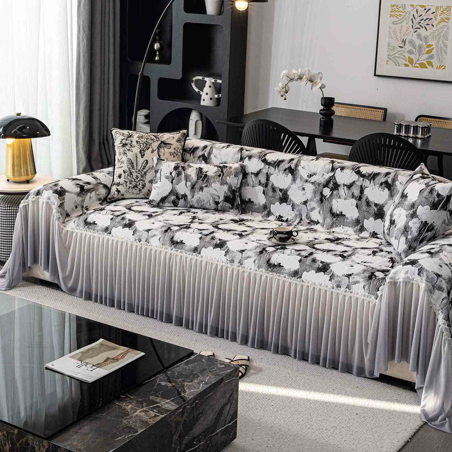 Ink Poppy Sofa Cover with Skirt - Black - 71" x 134" - image 5