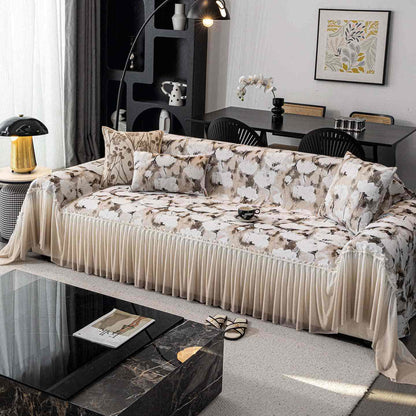 Ink Poppy Sofa Cover with Skirt - Brown - 71" x 134" - image 7