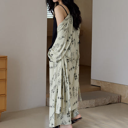 Black Floral Leaf Robe Pajama Set(3PCS) - image 5
