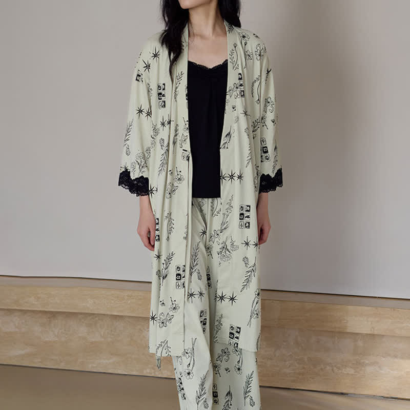 Black Floral Leaf Robe Pajama Set(3PCS) - image 0
