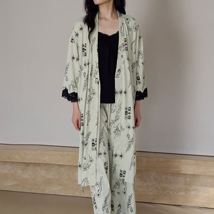 Black Floral Leaf Robe Pajama Set(3PCS) - image 0