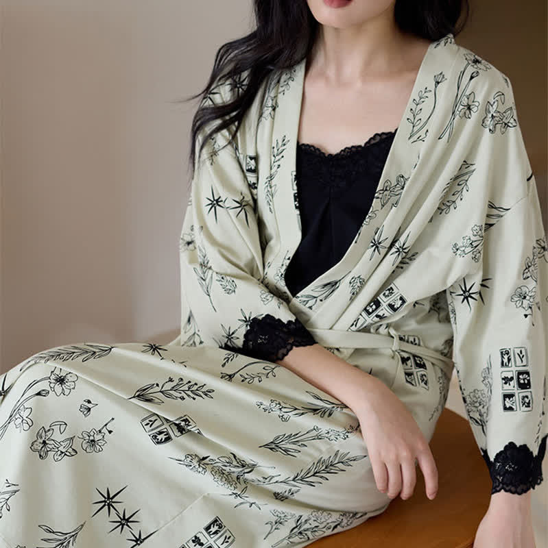 Black Floral Leaf Robe Pajama Set(3PCS) - image 9