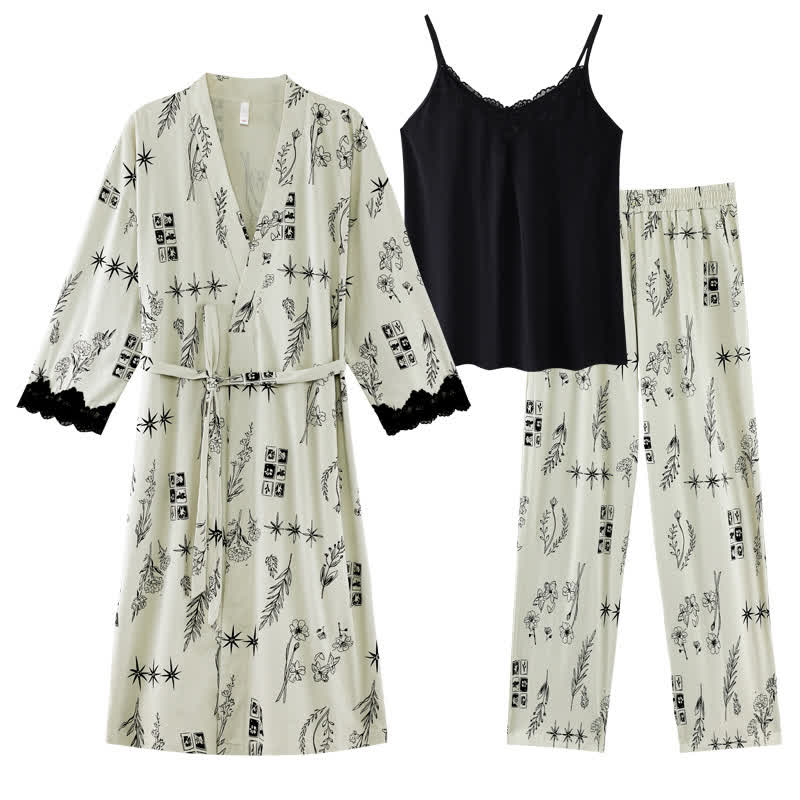 Black Floral Leaf Robe Pajama Set(3PCS) - XL - image 10