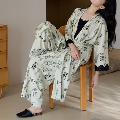 Black Floral Leaf Robe Pajama Set(3PCS) - image 6