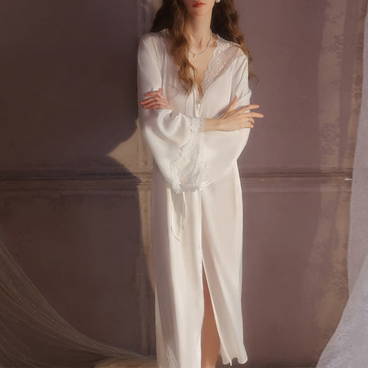 Ownkoti Solid Color Sexy Lace Bathrobe - White - XL - image 0