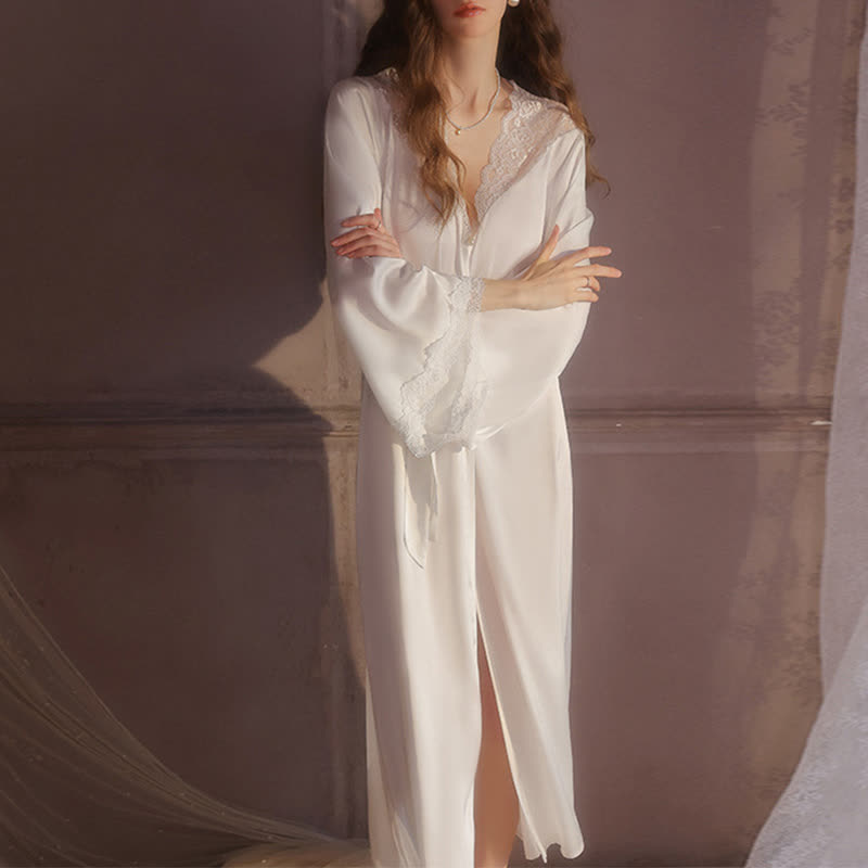 Solid Color Sexy Lace Bathrobe - White - XL - image 4