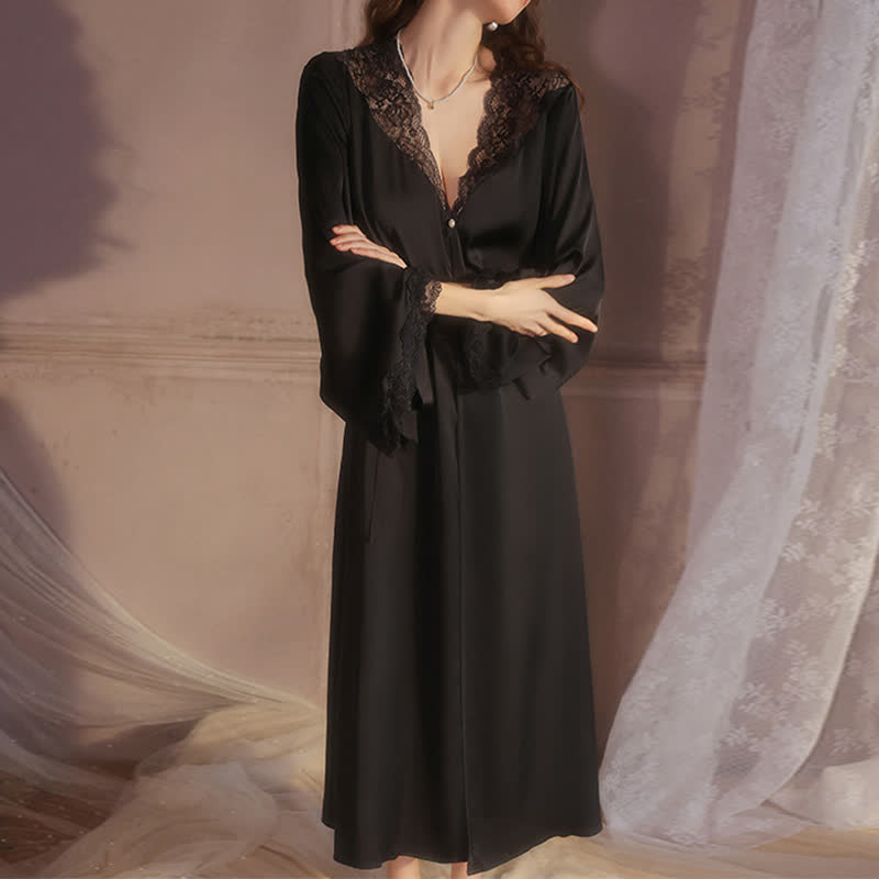 Solid Color Sexy Lace Bathrobe - Black - XL - image 0