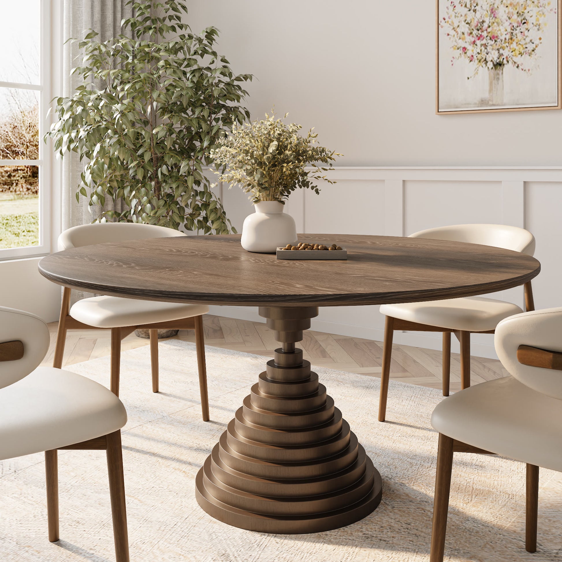 Multi-layered Hourglass-shaped Base Dining Table For 4-8 Seats - Dark Walnut - 59" Table - image 0