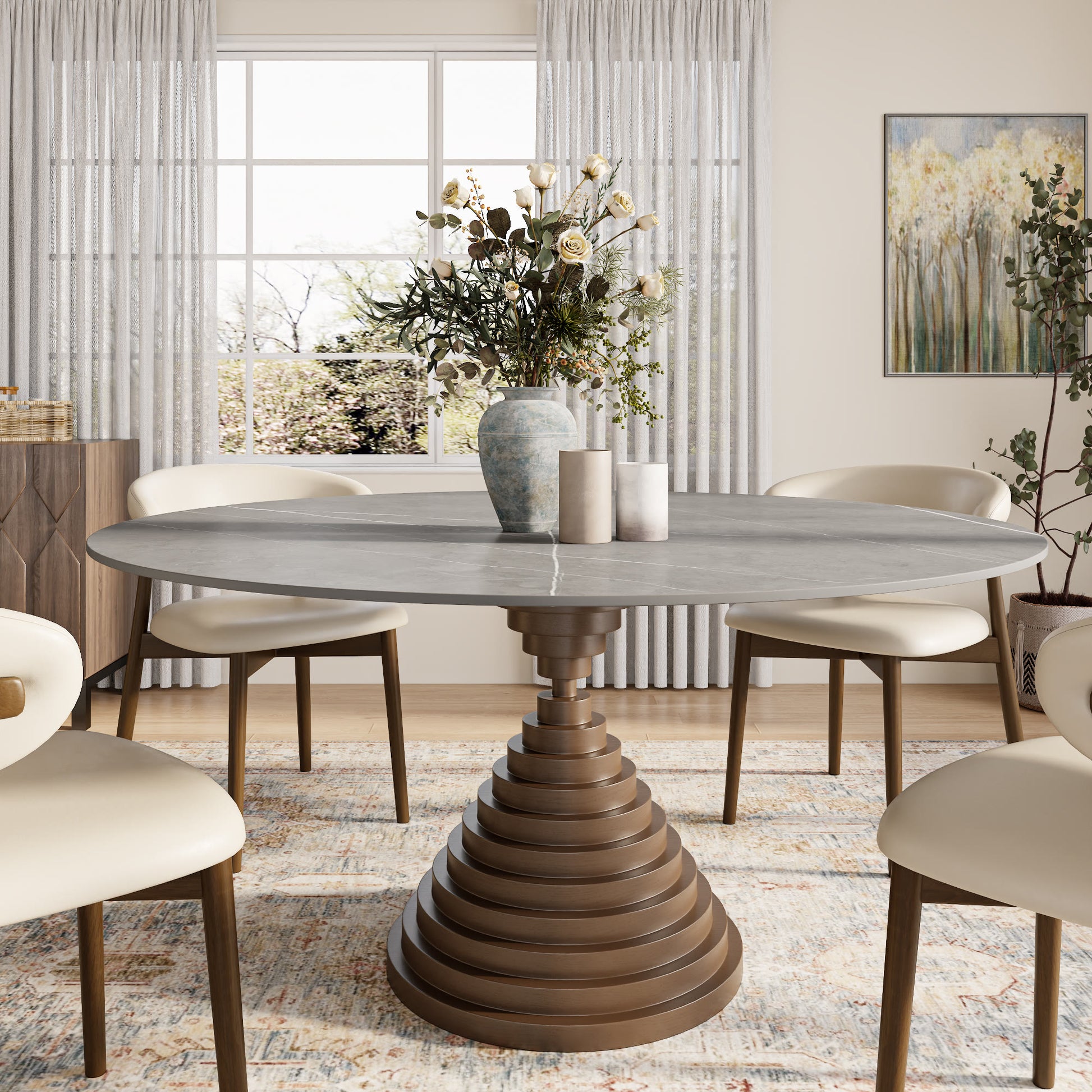Multi-layered Hourglass-shaped Base Dining Table For 4-8 Seats - Light Gray - 59" Table - image 5