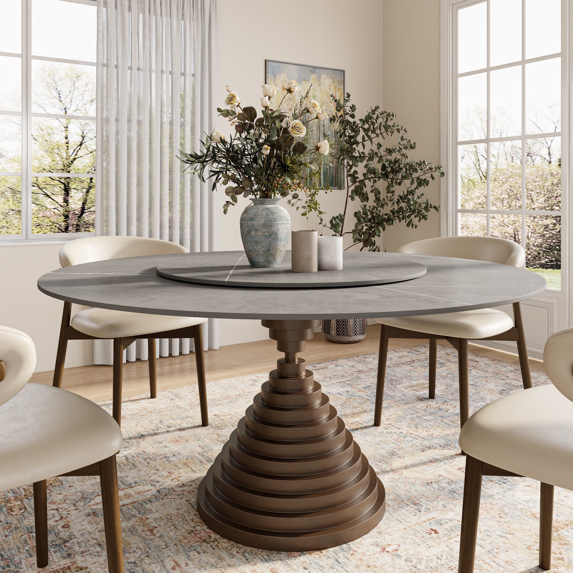 Multi-layered Hourglass-shaped Base Dining Table For 4-8 Seats - Light Gray - 59" Table With Lazy Susan - image 9