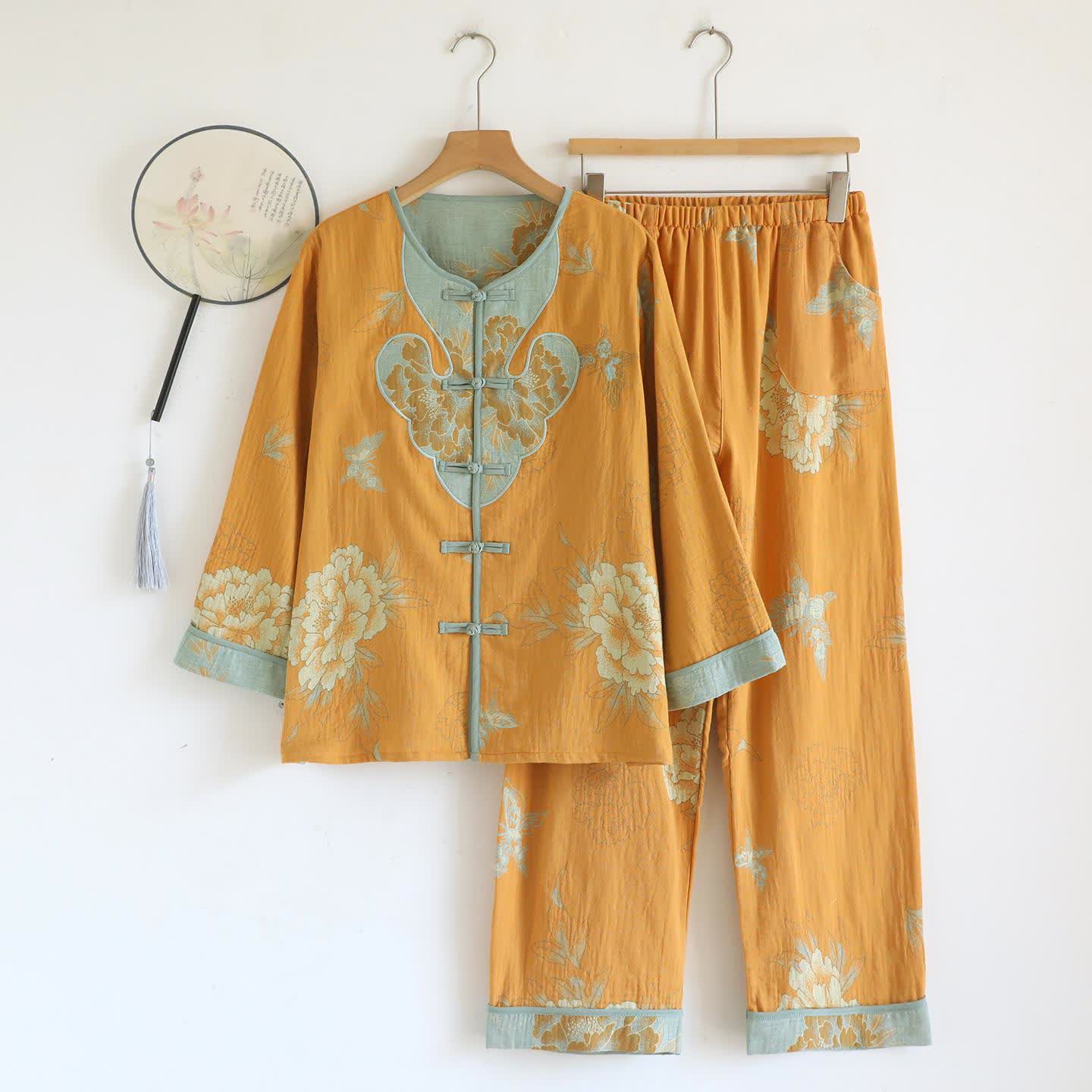 Oriental Style Peony Cotton Pajama Set - XL - image 0