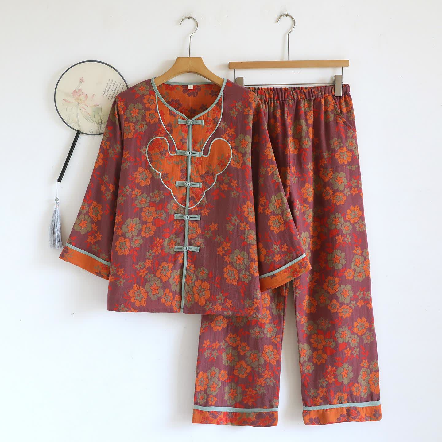 Oriental Style Floral Cotton Pajama Set - XL - image 0