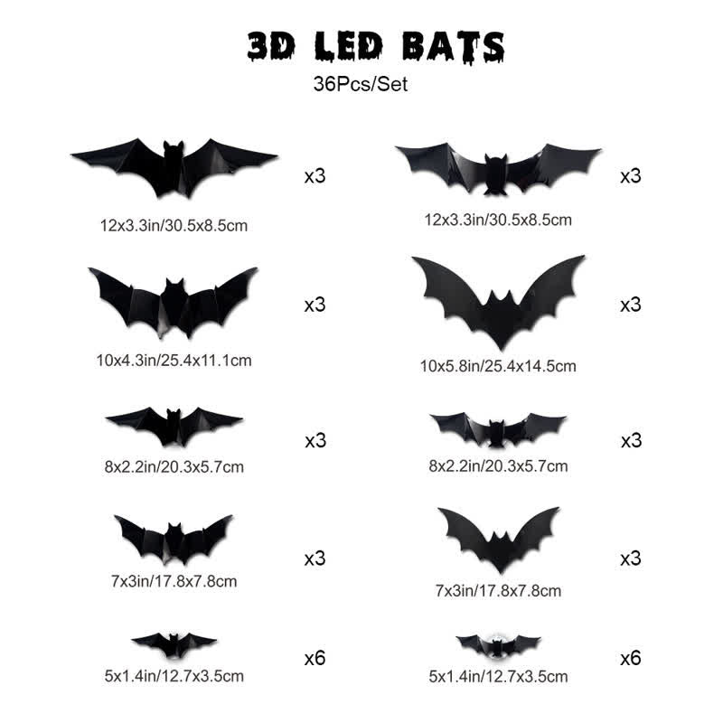 Halloween 3D LED Bat Glitter Wall Decoration - 36PCS - image 12