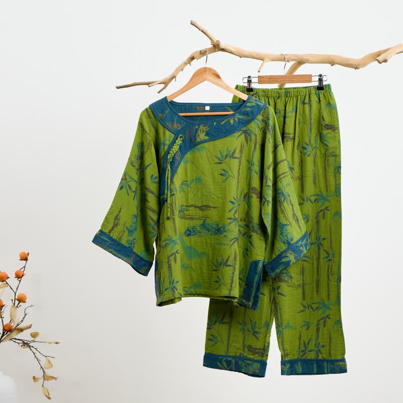 Ownkoti Bamboo Oriental Tassel Cotton Pajama Set - Green - 2XL - image 6