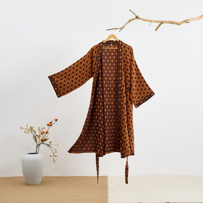 Diamond Plaid Cotton Gauze Kimono Robe - Brown & Yellow - 2XL - image 8