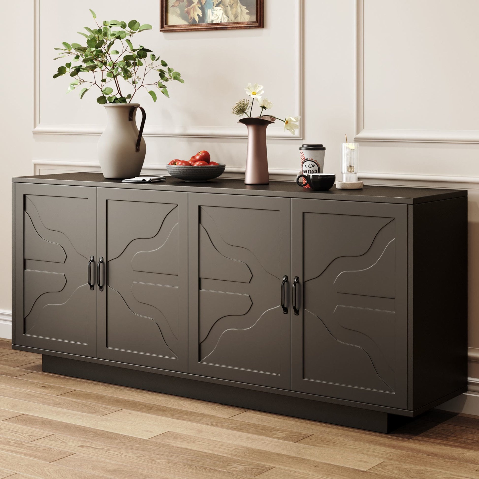 Classic Black Buffet Cabinet With Wine Glass Rack - image 7