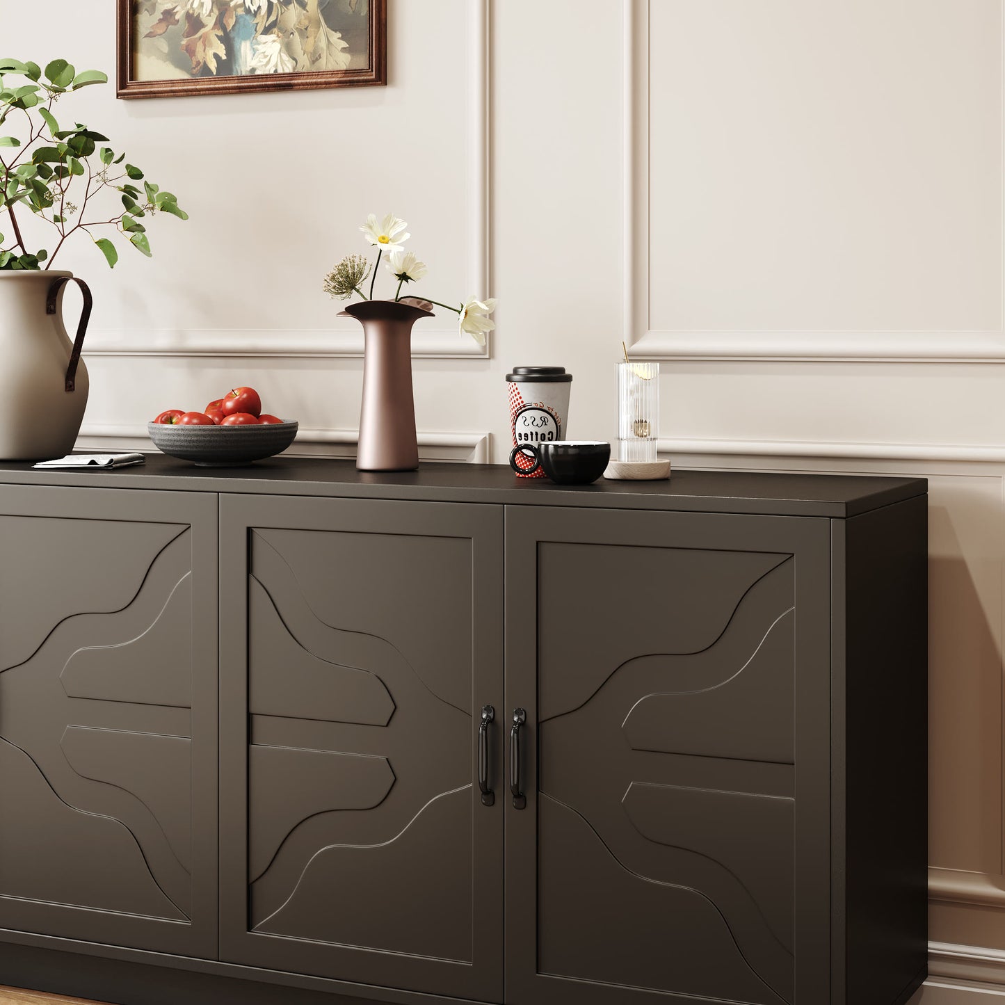 Classic Black Buffet Cabinet With Wine Glass Rack - image 9