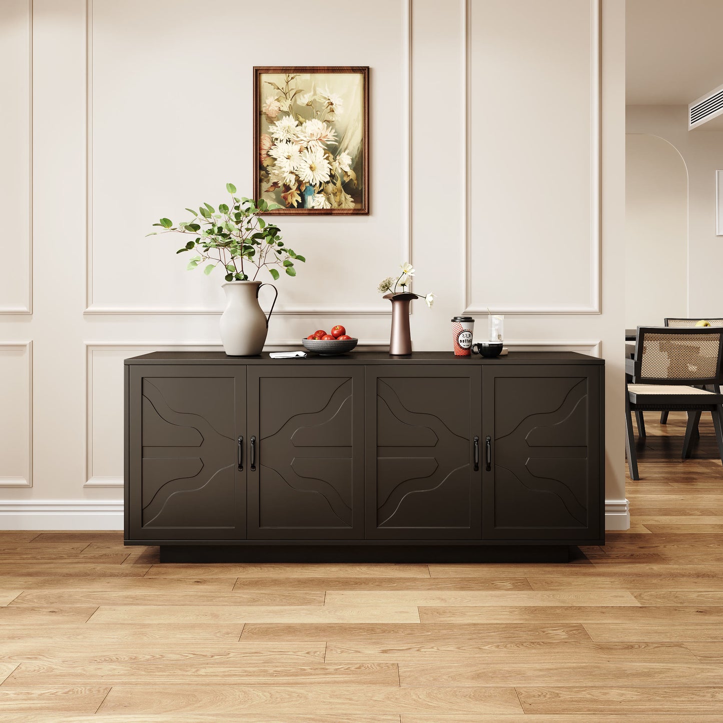 Classic Black Buffet Cabinet With Wine Glass Rack - Black - image 0