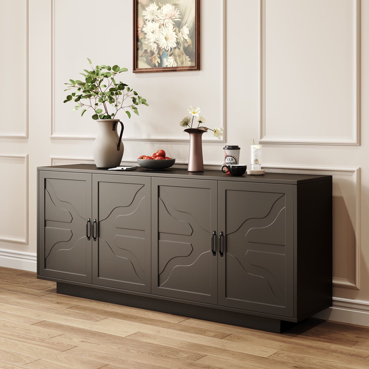 Classic Black Buffet Cabinet With Wine Glass Rack - image 1