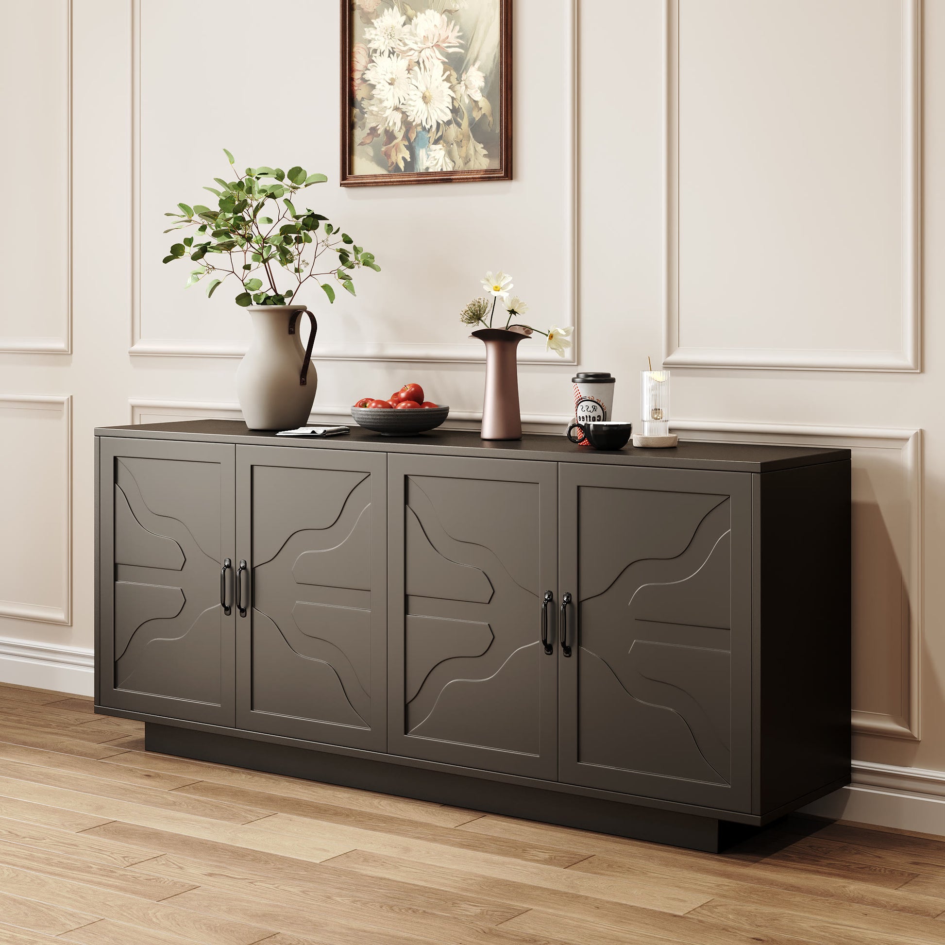 Classic Black Buffet Cabinet With Wine Glass Rack - image 1