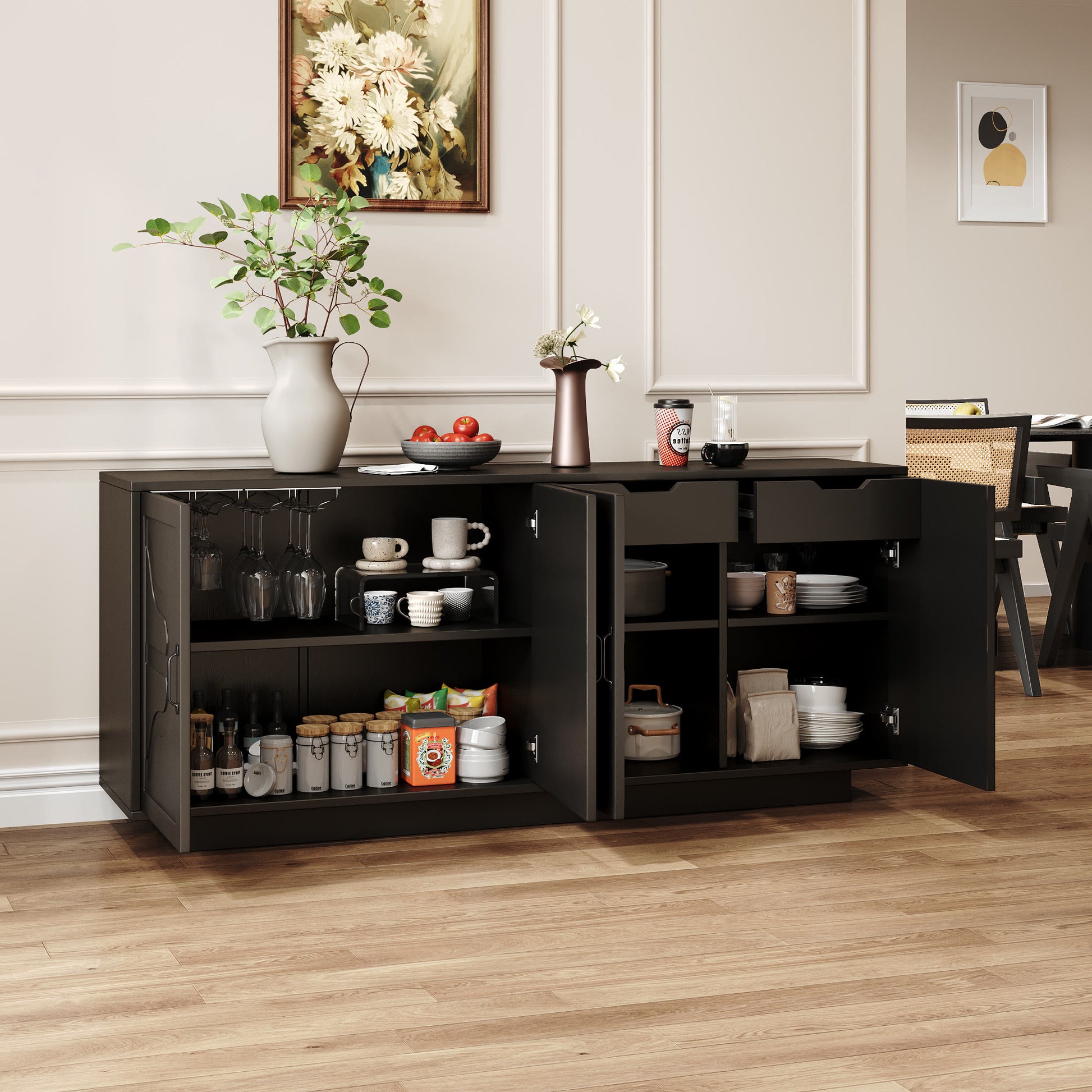 Classic Black Buffet Cabinet With Wine Glass Rack - image 4