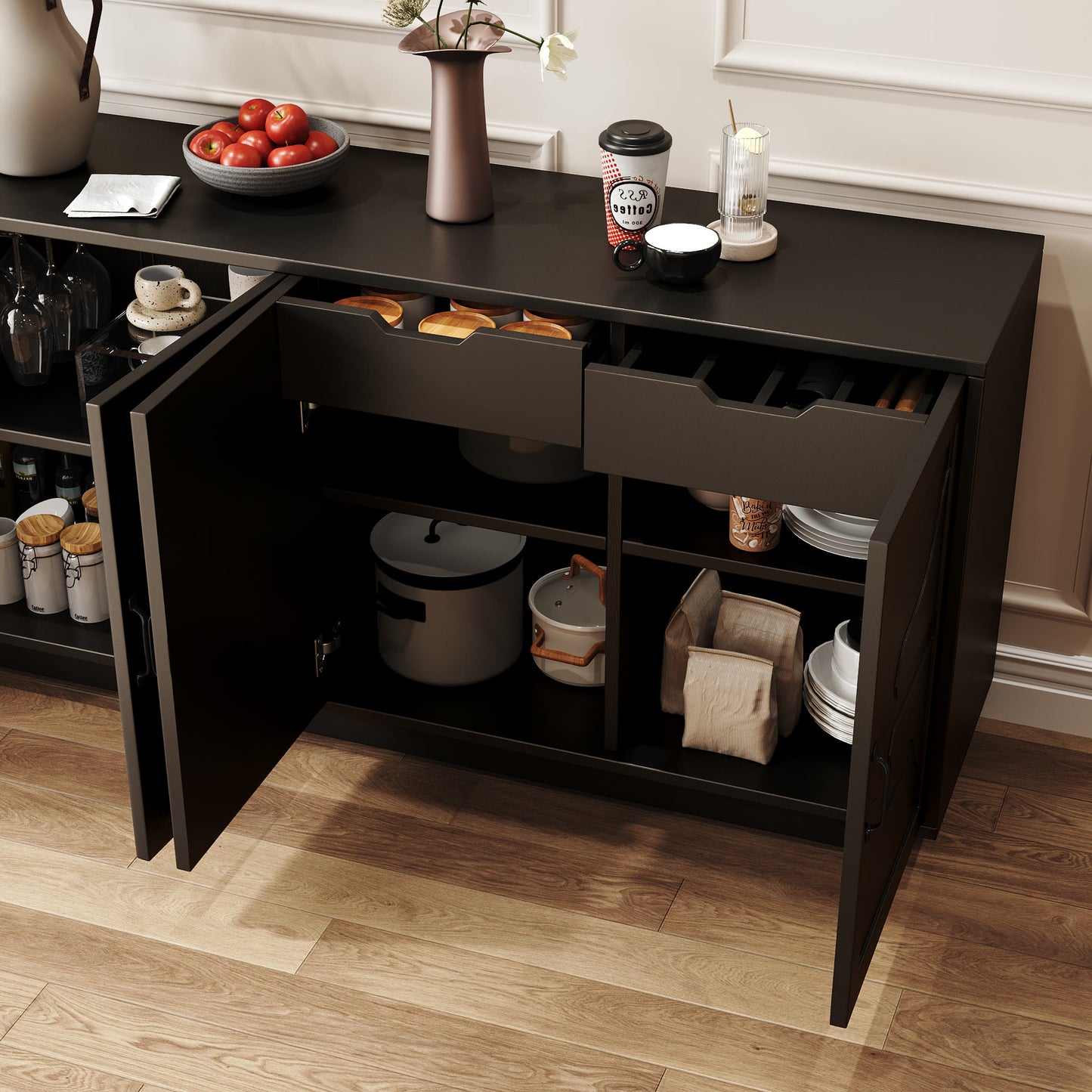 Classic Black Buffet Cabinet With Wine Glass Rack - image 6