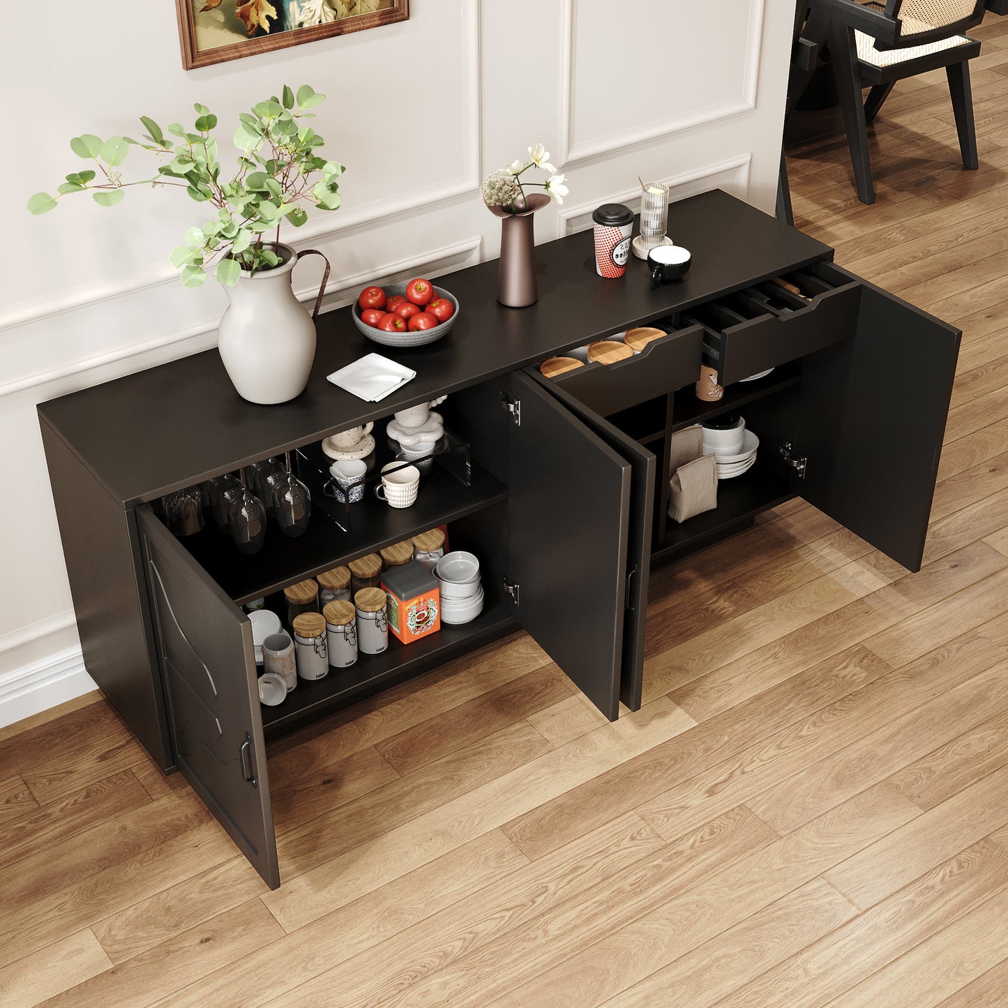 Classic Black Buffet Cabinet With Wine Glass Rack - image 5