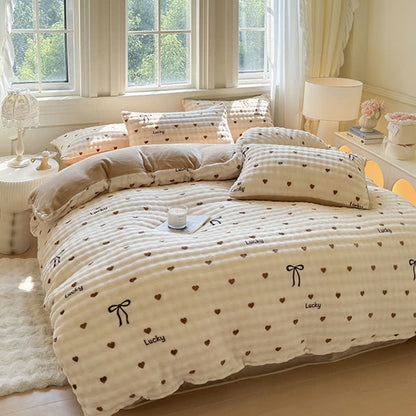 Heart Bowknot Plush Warm Bedding Set - Bedding Set - Queen - image 0