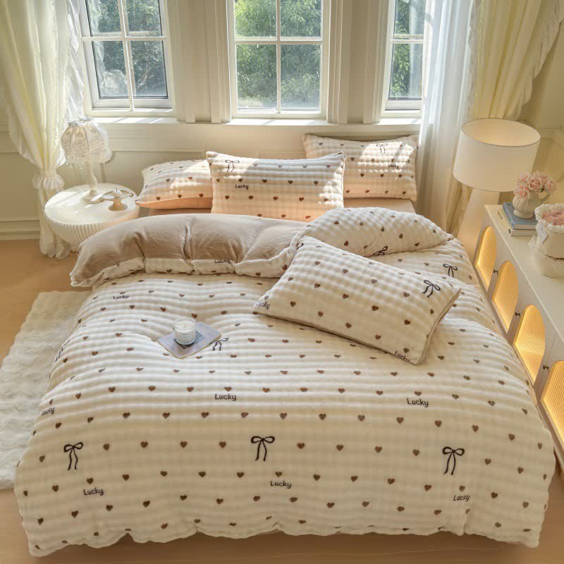 Heart Bowknot Plush Warm Bedding Set - image 1