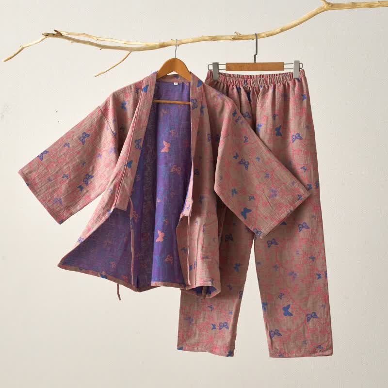 Ownkoti Butterfly Cotton Gauze Kimono Loungewear Set - Brown - XL - image 4