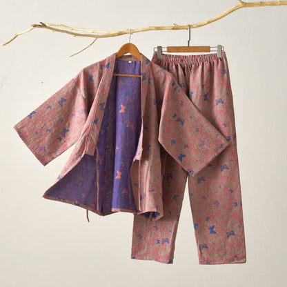 Butterfly Cotton Gauze Kimono Loungewear Set - Brown - XL - image 4