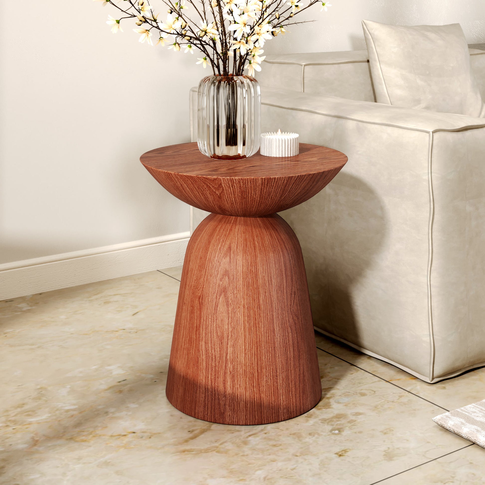 Round Hourglass-shaped Side Table - Red Walnut - image 0