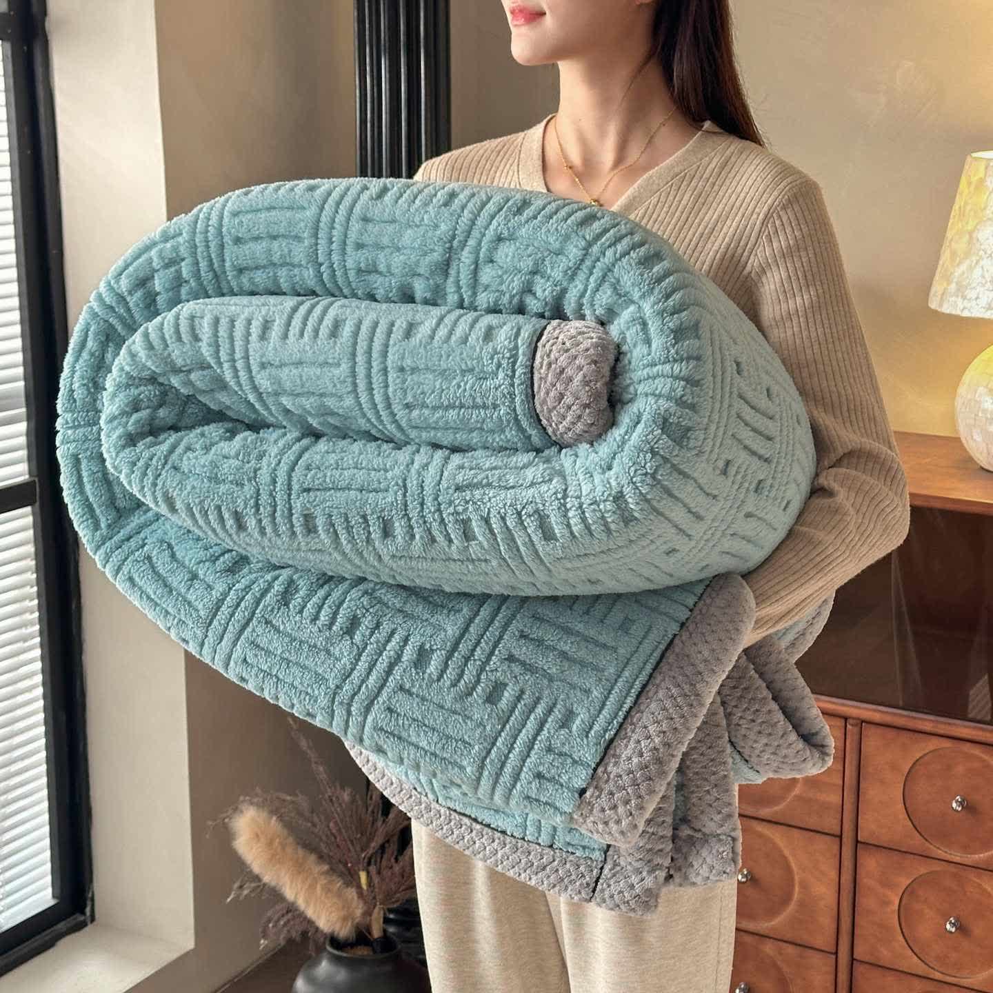 Geometric Embossed Contrast Trim Plush Blanket - Sky Blue - Queen - image 4