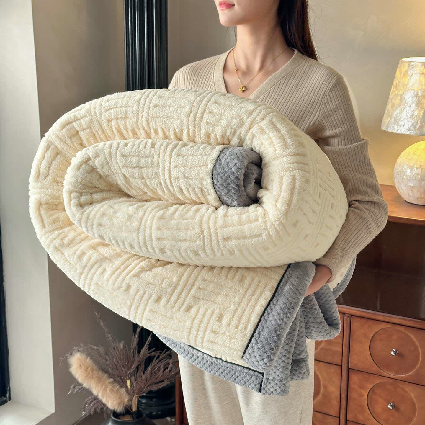 Geometric Embossed Contrast Trim Plush Blanket - Apricot - Queen - image 7