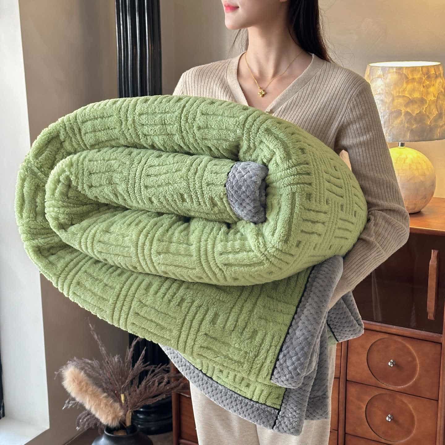 Geometric Embossed Contrast Trim Plush Blanket - Green - Queen - image 8