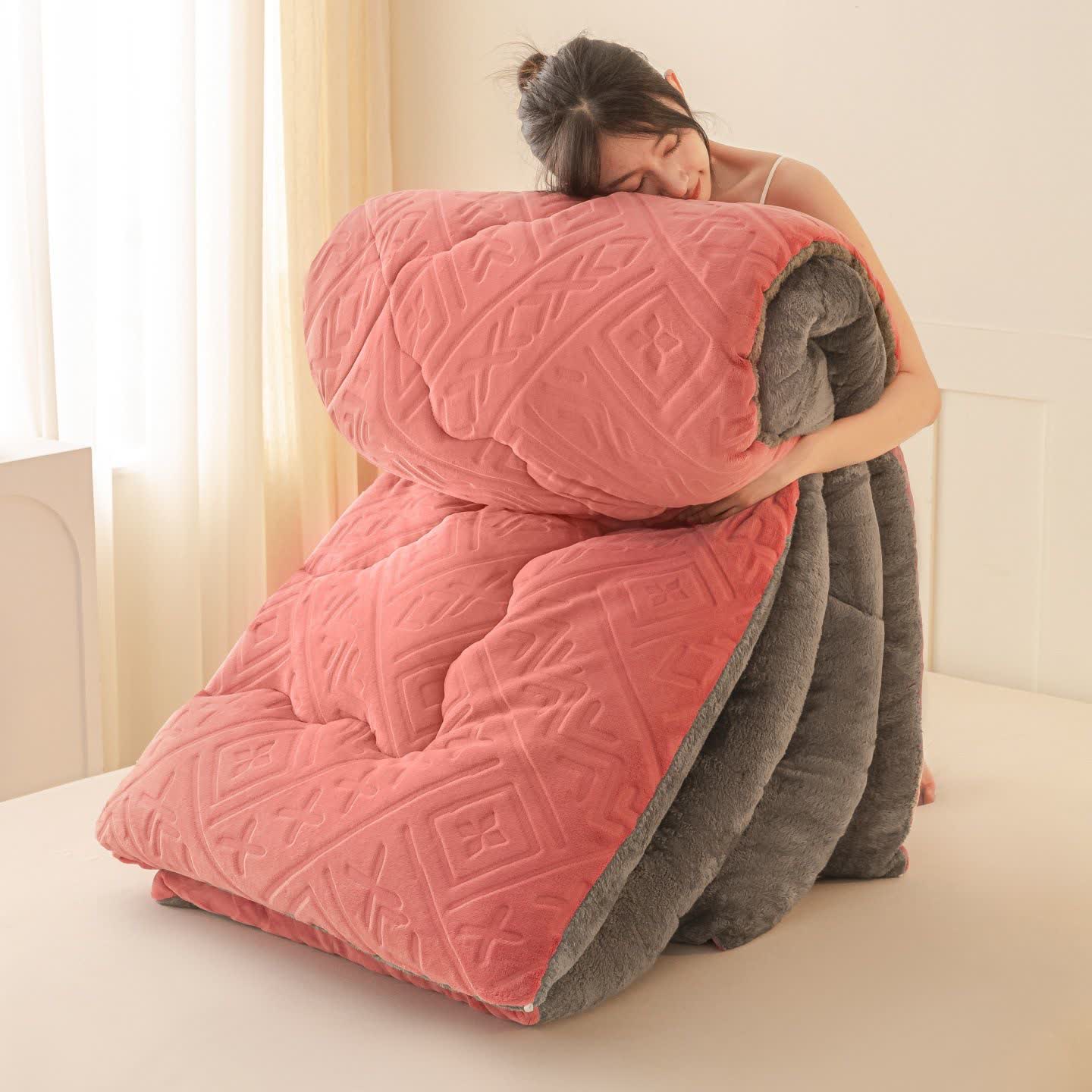 Geometric Pattern Embossed Sherpa Plush Blanket - Pink - King - image 6