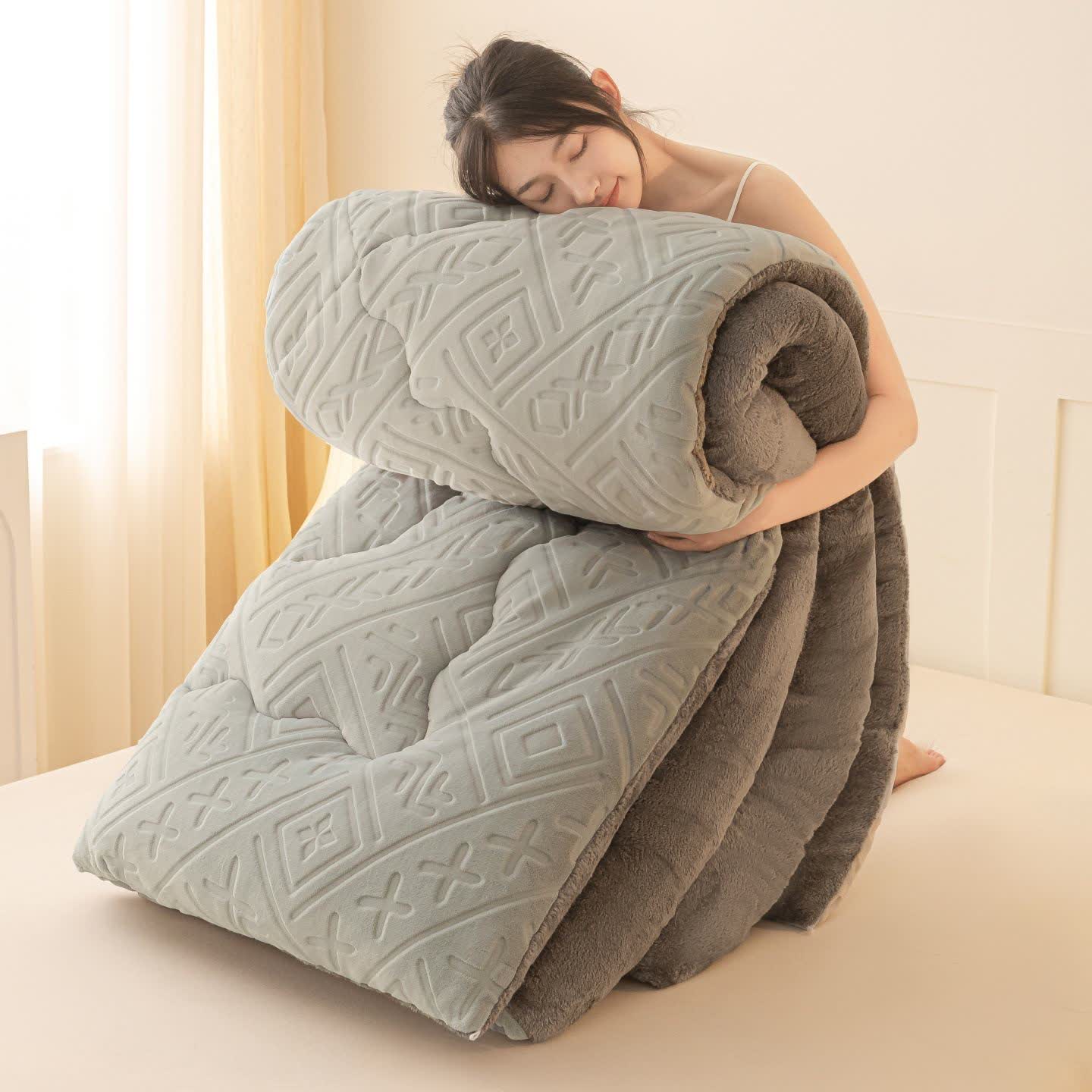 Geometric Pattern Embossed Sherpa Plush Blanket - Grey - King - image 8