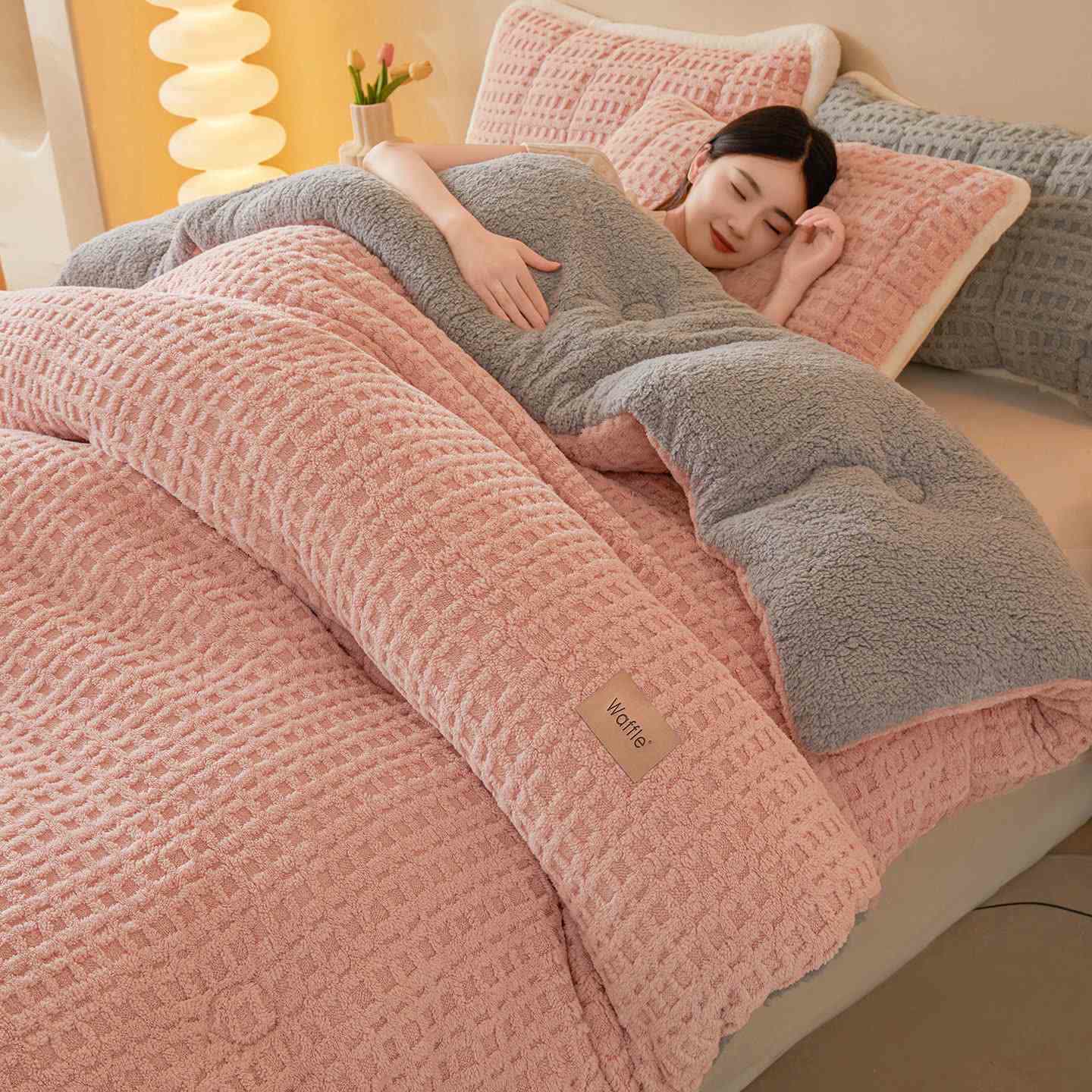 Waffle Jacquard Warm Plush Blanket - Pink - Queen - image 9