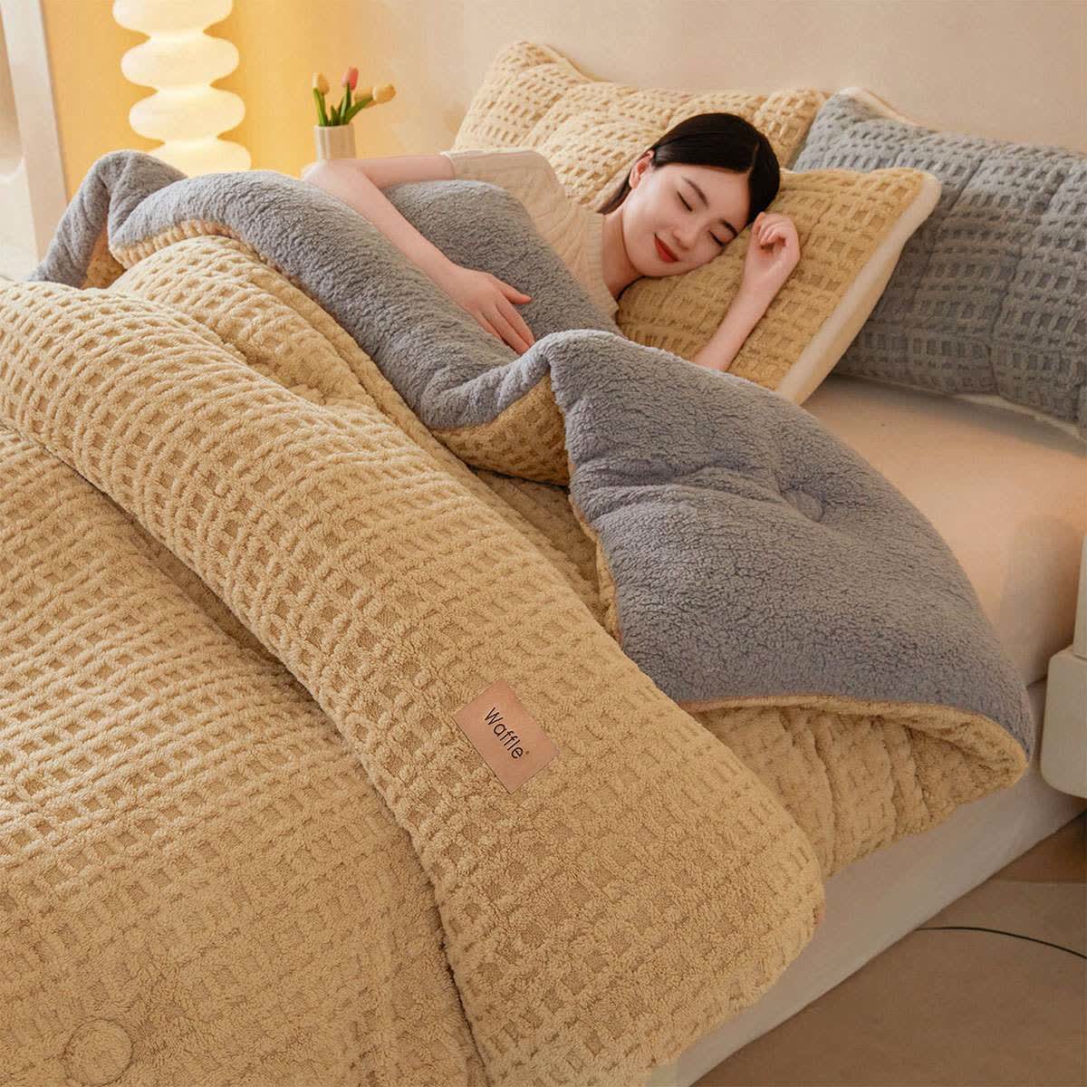 Waffle Jacquard Warm Plush Blanket - Khaki - Queen - image 12