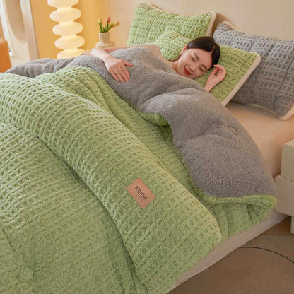 Waffle Jacquard Warm Plush Blanket - Green - Queen - image 10