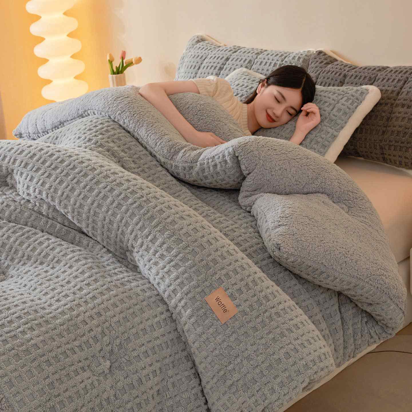 Waffle Jacquard Warm Plush Blanket - Grey - Queen - image 11
