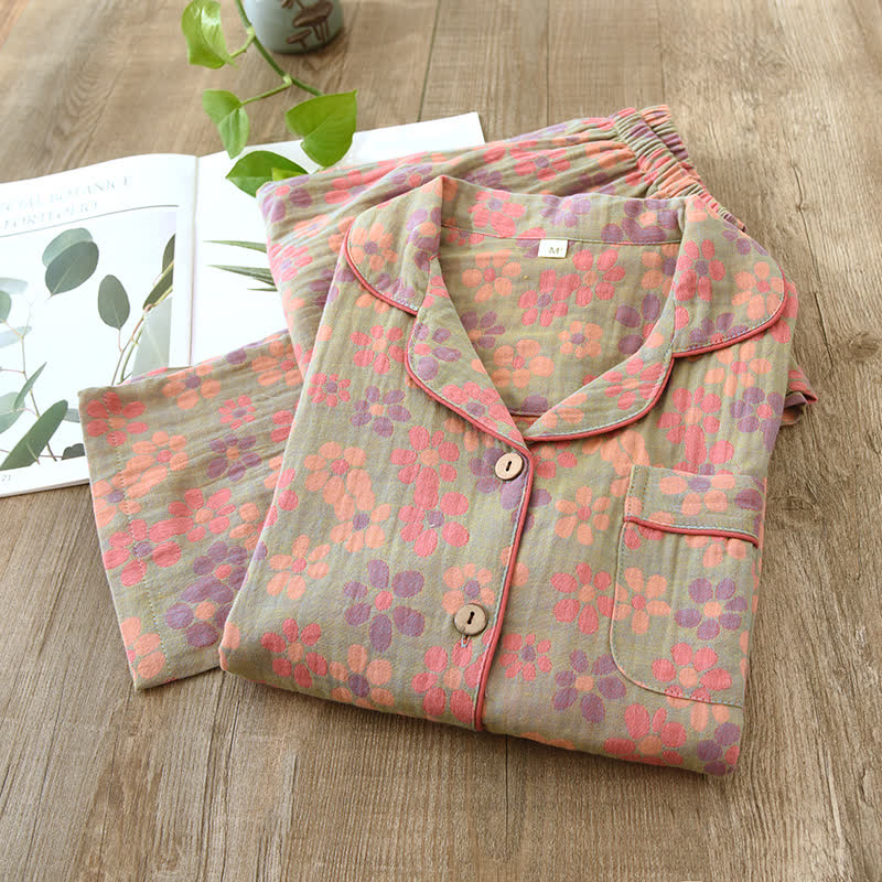 Cotton Gauze Long Sleeves Pajama Set - Green - 2XL - image 14