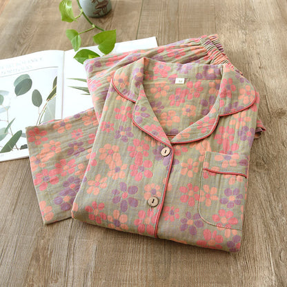 Cotton Gauze Long Sleeves Pajama Set - Green - 2XL - image 14