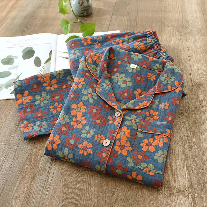 Cotton Gauze Long Sleeves Pajama Set - Blue - 2XL - image 13