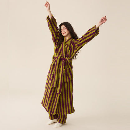 Ownkoti Winter Fleece Modern Stripe Long Bathrobe - Bathrobe with pants - Green & Purple - Women XL - image 6